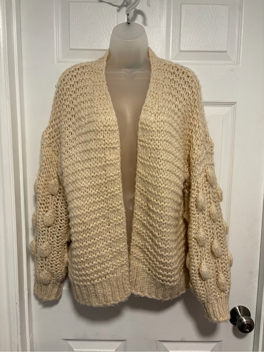 FAVLUX Cream Chunky Open-Front Knit Cardigan with Bobble Sleeves